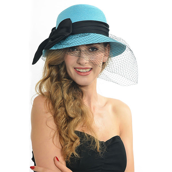 Women Straw Church Tea Party Cloche Hats with Veil FORBUSITE