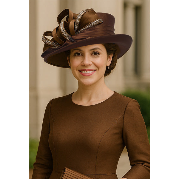 Elegant woman wearing a brown church hat with rhinestone-trimmed ribbon bow, matching brown dress and clutch, ideal for Sunday service, weddings, or formal church events.