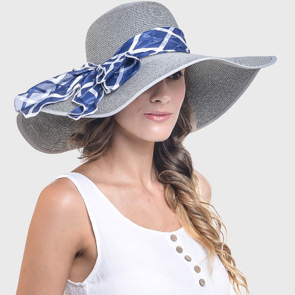Women Wide Brim Straw Beach Hat with Scarf W230