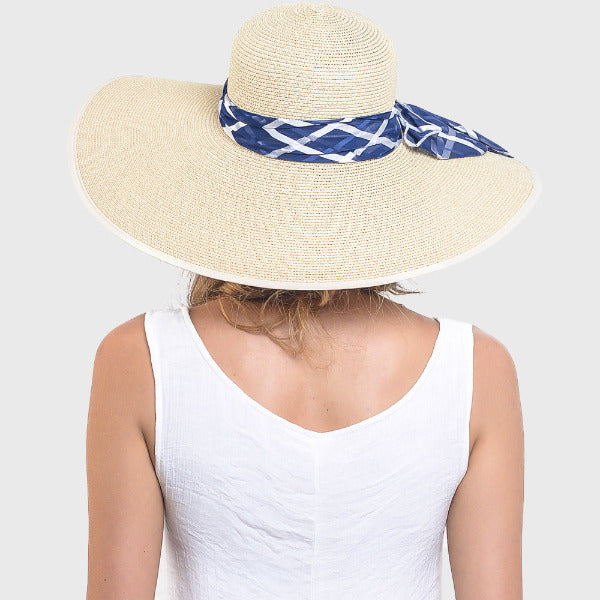 Women Wide Brim Straw Beach Hat with Scarf W230