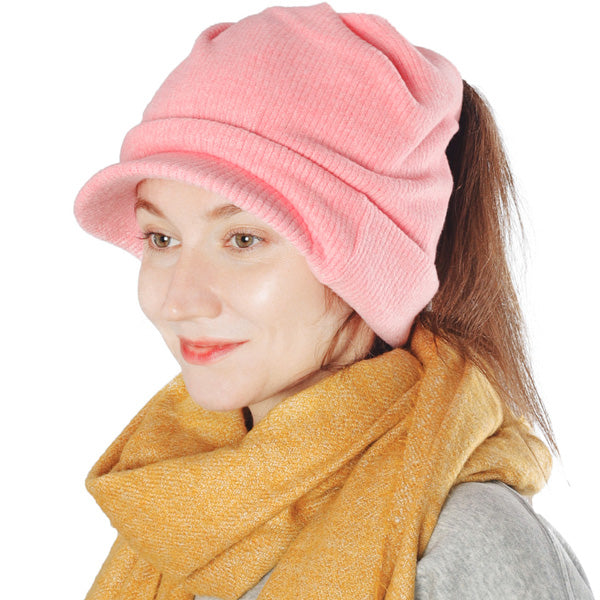 Women Messy Bun Ponytail Visor Beanie Hat FORBUSITE