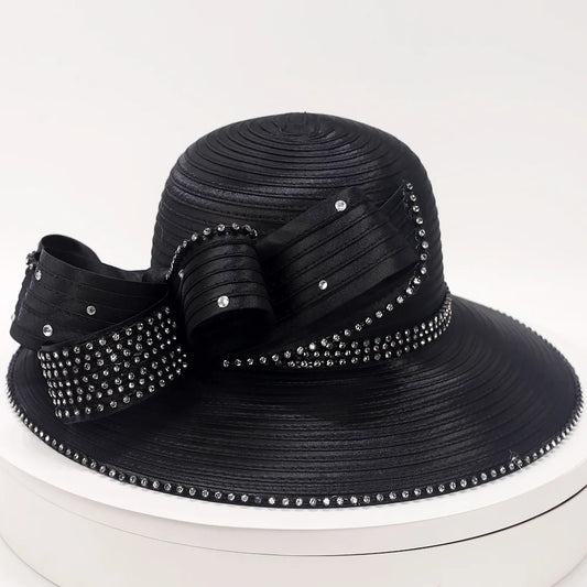 Front view of a champagne gold rhinestone formal church hat with elegant brim.