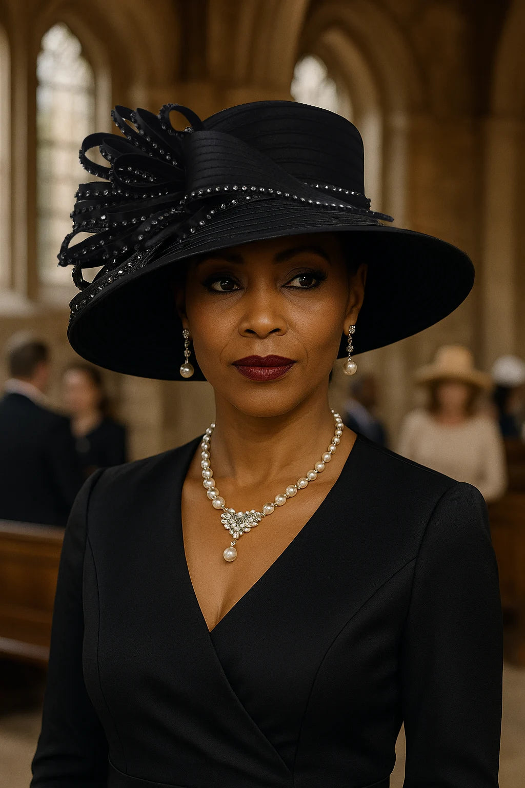 Elegant black church hat with crystal embellishments and satin ribbons, worn by a woman at a formal event, paired with a pearl necklace and earrings.