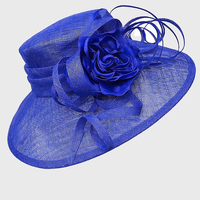 Stunning blue sinamay hat with rose floral accents, ideal for weddings, tea parties, and church events.