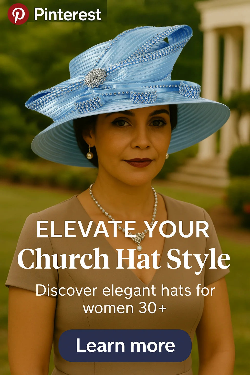 Woman wearing blue rhinestone church hat for Sunday service