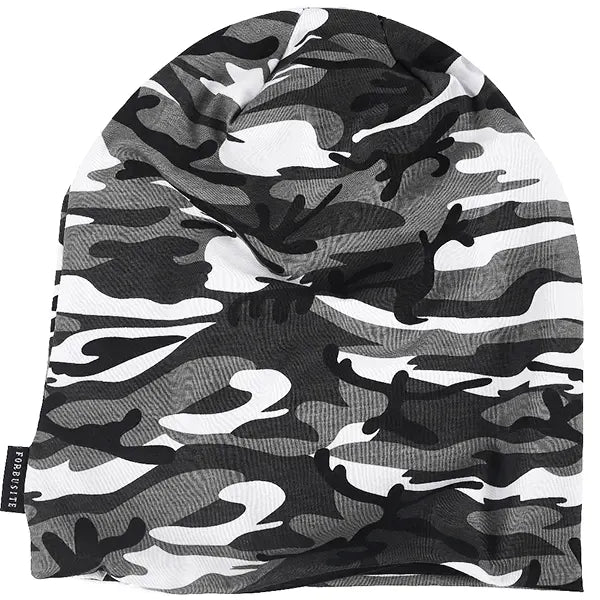 Black white gray camo slouchy beanie hat, lightweight cotton beanie for men and women, soft and breathable oversized fit