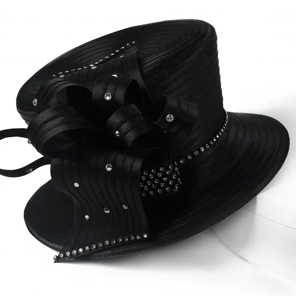 Elegant black church hat with rhinestone bow detail on white turntable, perfect for women’s Sunday service or formal events