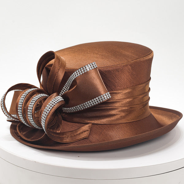 Elegant brown satin church hat with rhinestone bow detailing, perfect for formal events and Sunday services