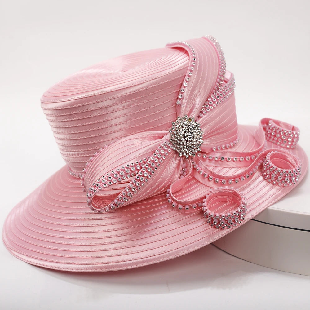 Side view of pink satin church hat for women with crystal embellishment