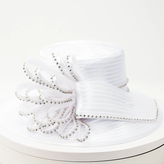 Elegant white church hat with satin ribbon and crystal embellishments, perfect for women’s Sunday service outfits