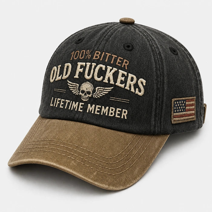 FORBUSITE vintage washed black baseball cap with '100% Bitter Old Fuckers Club' and winged skull embroidery, ideal for sarcastic gift ideas and biker style enthusiasts.