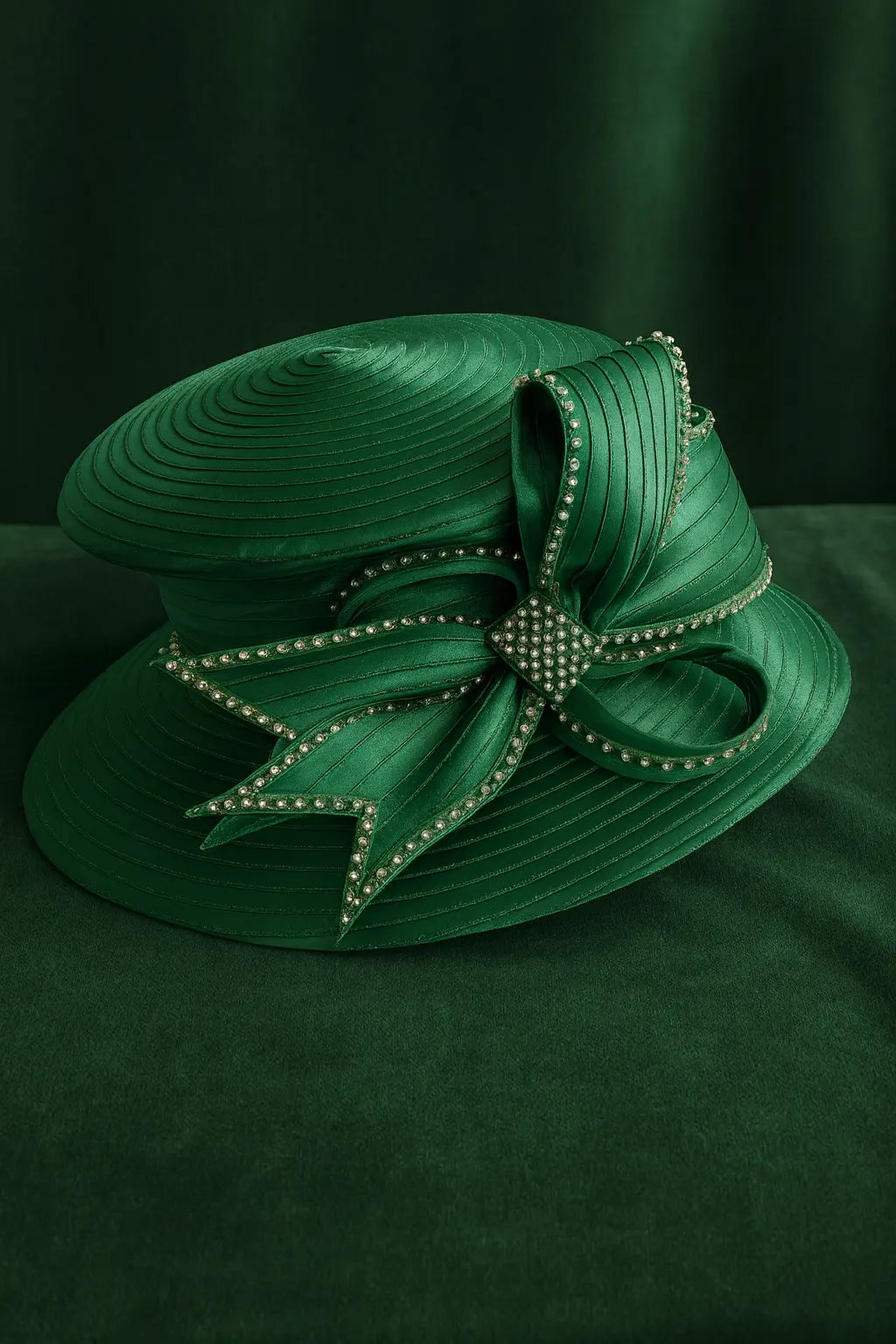 Deep green elegant church hat for women, adorned with rhinestones and a bold bow, ideal for Sunday dress-up.