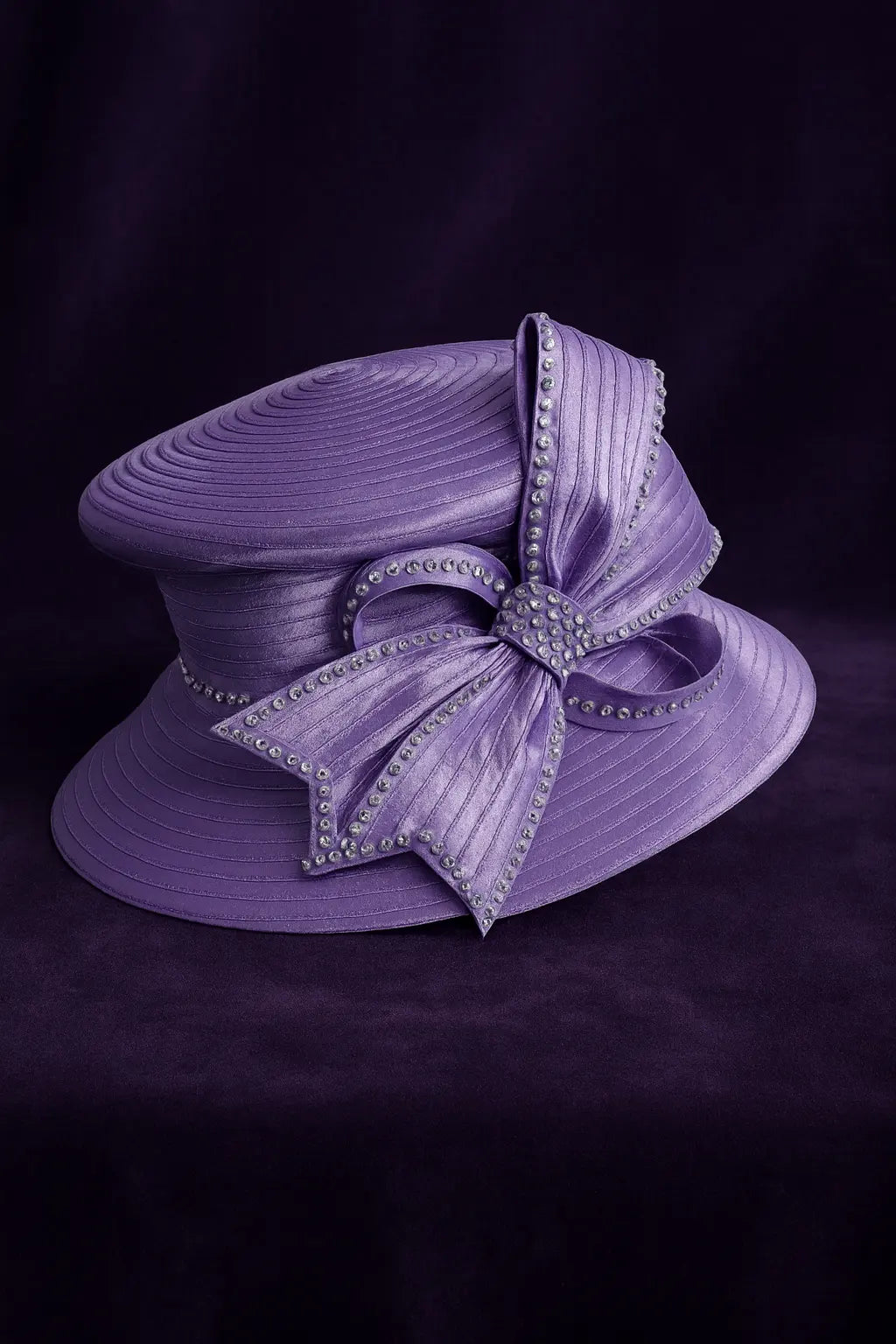 Lavender church hat with sparkling rhinestone bow, a stunning women’s Sunday hat for Easter or spring gatherings.