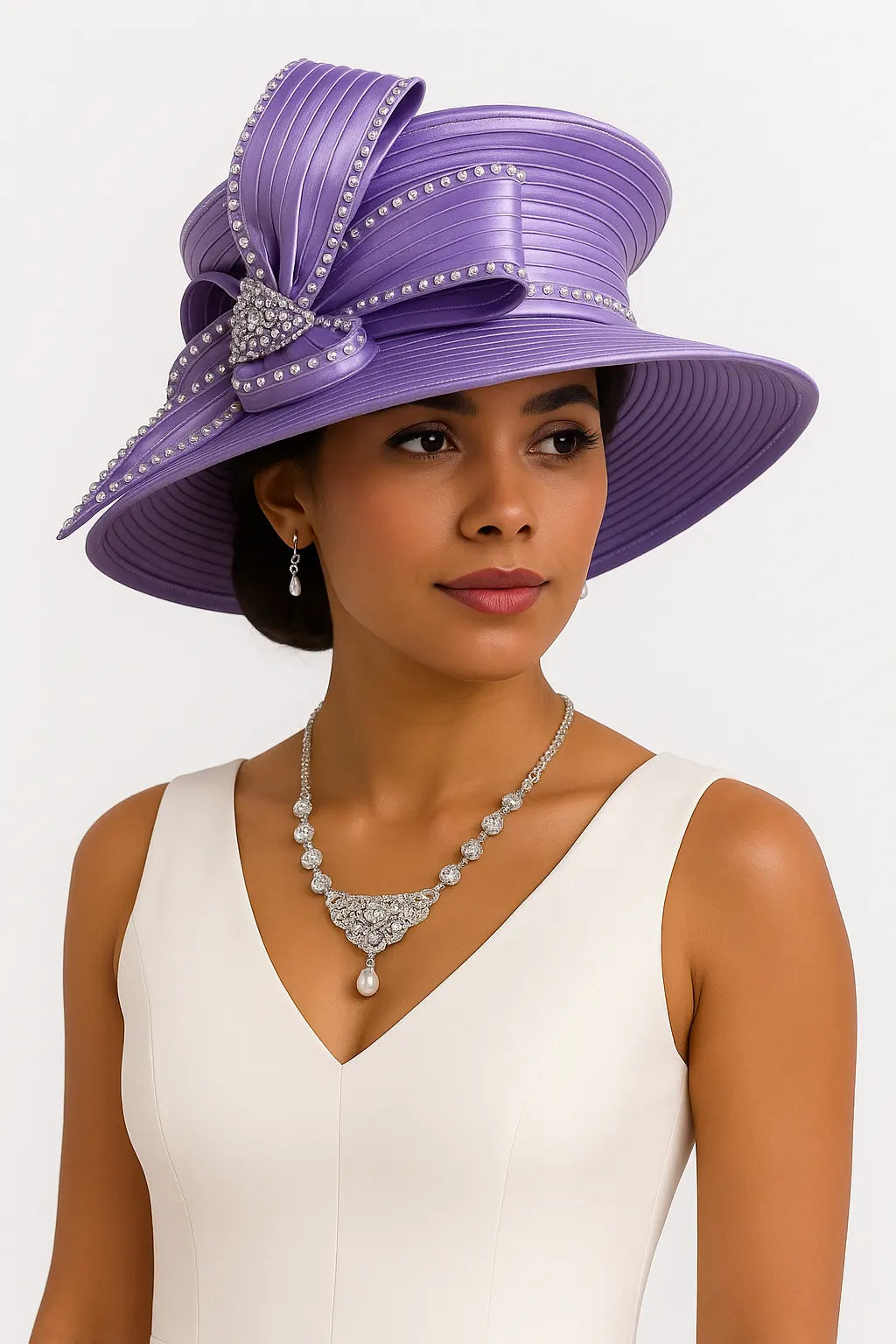 Lavender wide-brim church hat with satin bow and crystal accents – a soft, graceful choice for tea parties or Easter.