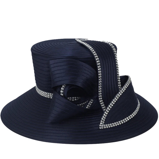 Navy blue satin church hat with sparkly rhinestone bow