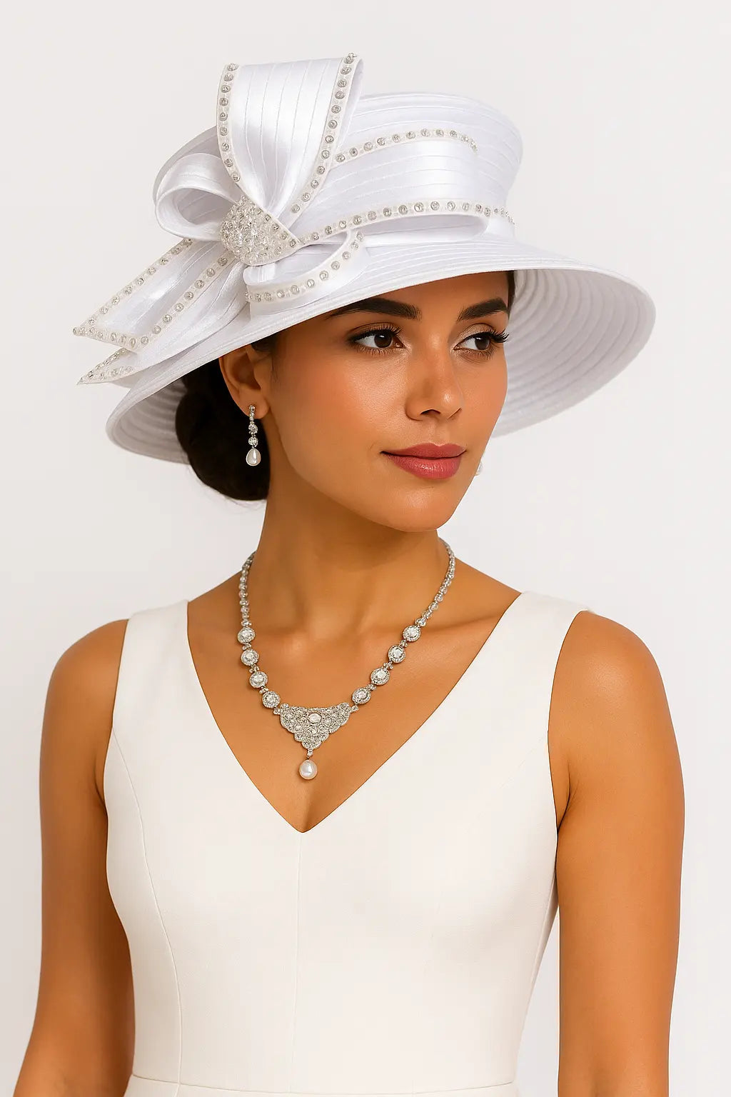 Pure white church hat with crystal bow – perfect for spring church outfits, bridal showers or first Sunday.