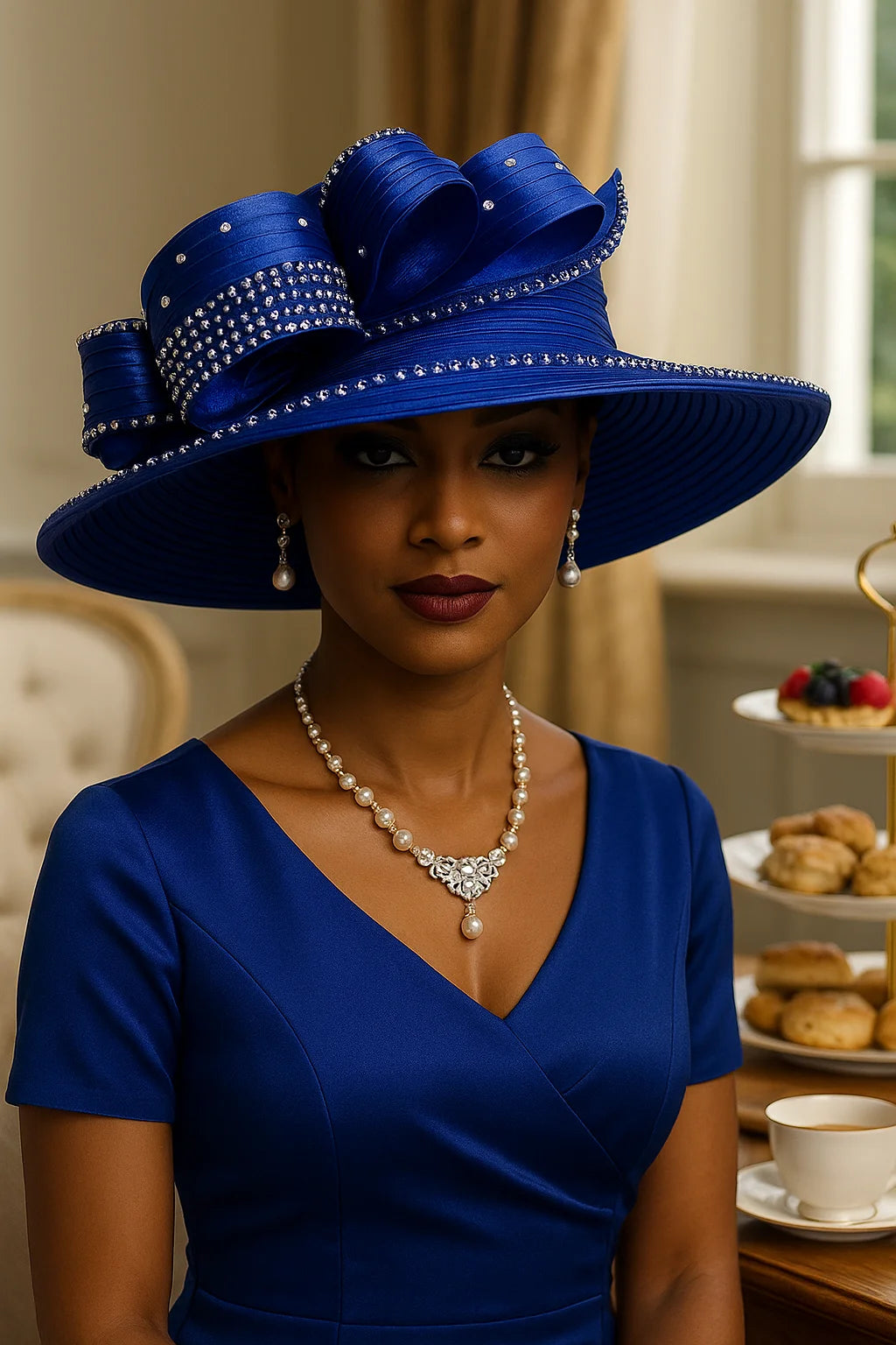 Stylish blue church hat for tea parties, weddings, or special church events