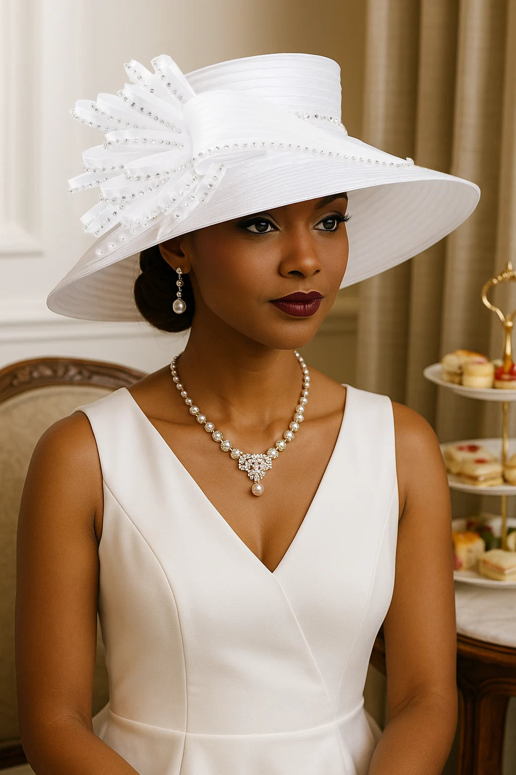 Luxury white formal hat for women featuring diamond-like crystal trim and structured satin design, ideal for weddings and tea parties