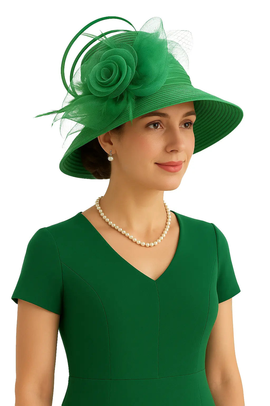 Stylish green church hat for women with floral and feather details, ideal for church, Kentucky Derby and spring garden parties – FORBUSITE Grace in Bloom Collection.