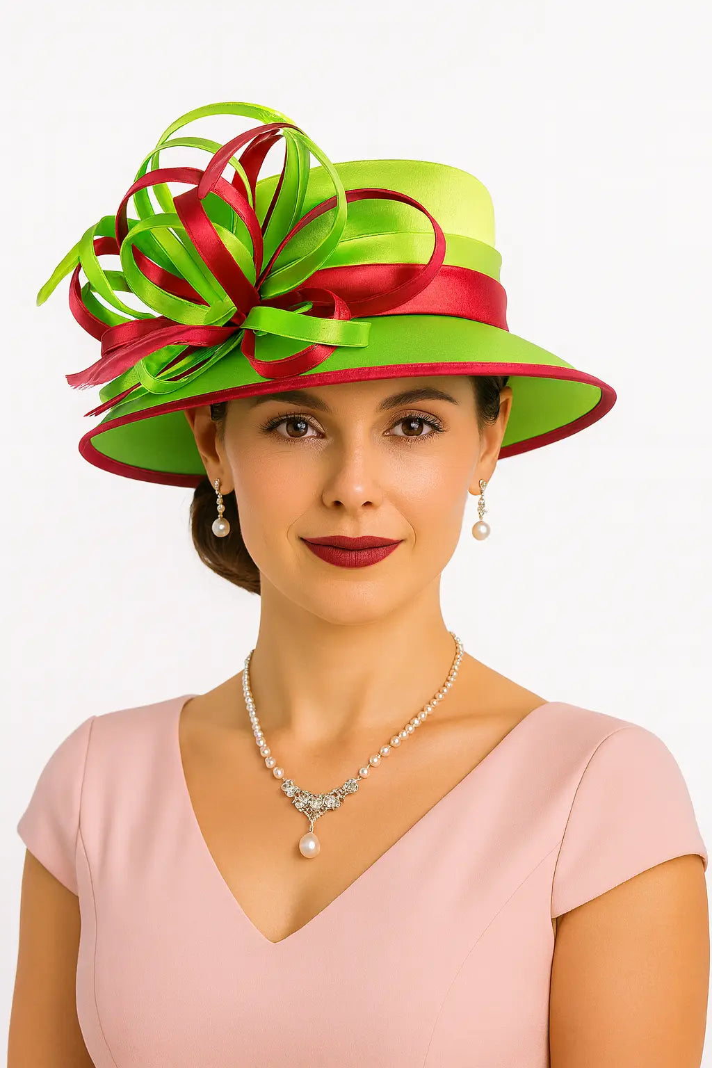 Elegant woman wearing a green and fuchsia color-block church hat with ribbon decoration, styled with a low bun hairstyle, pastel green and pink dress, berry lipstick, pearl earrings, and necklace, against a white background.