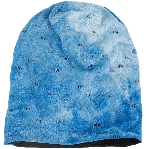 High elastic slouchy beanie cap in distressed blue, lightweight oversized fit for men and women, breathable all season hat
