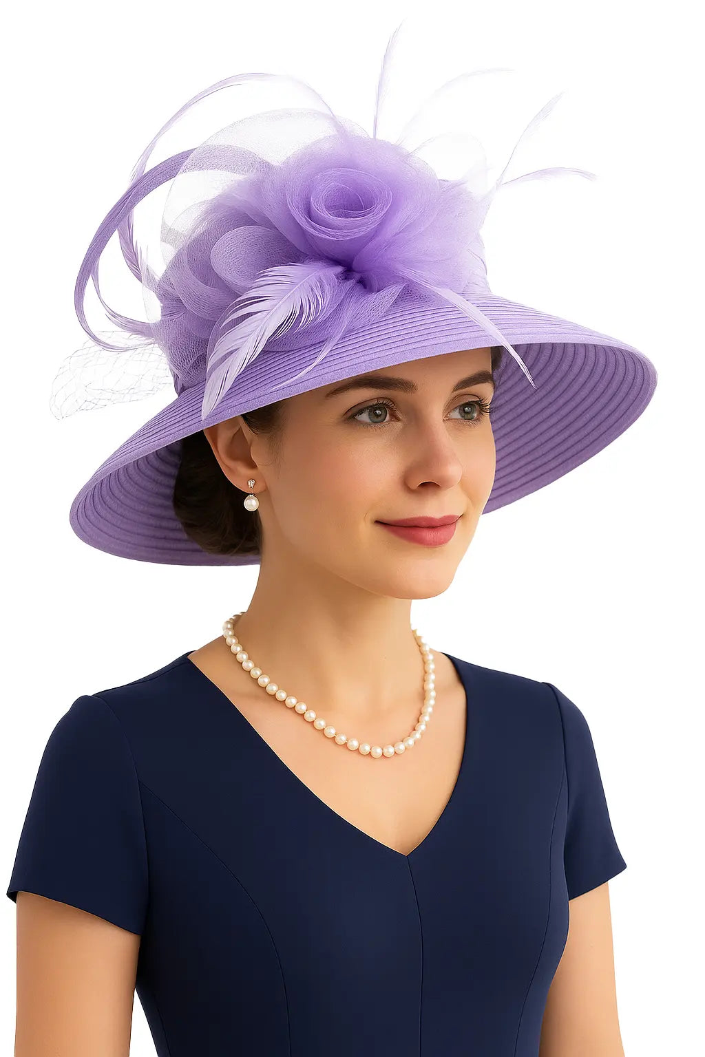 Elegant lavender church hat for women with soft flower and feather accent, perfect for spring weddings, church and tea parties – FORBUSITE Grace in Bloom Collection.