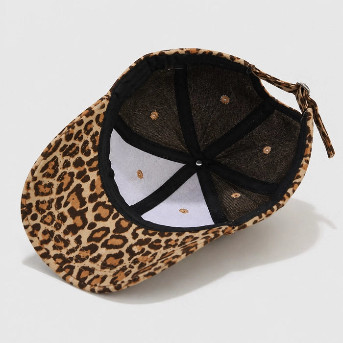 Leopard patterned baseball cap with an adjustable fit, ideal for casual street style and everyday wear.