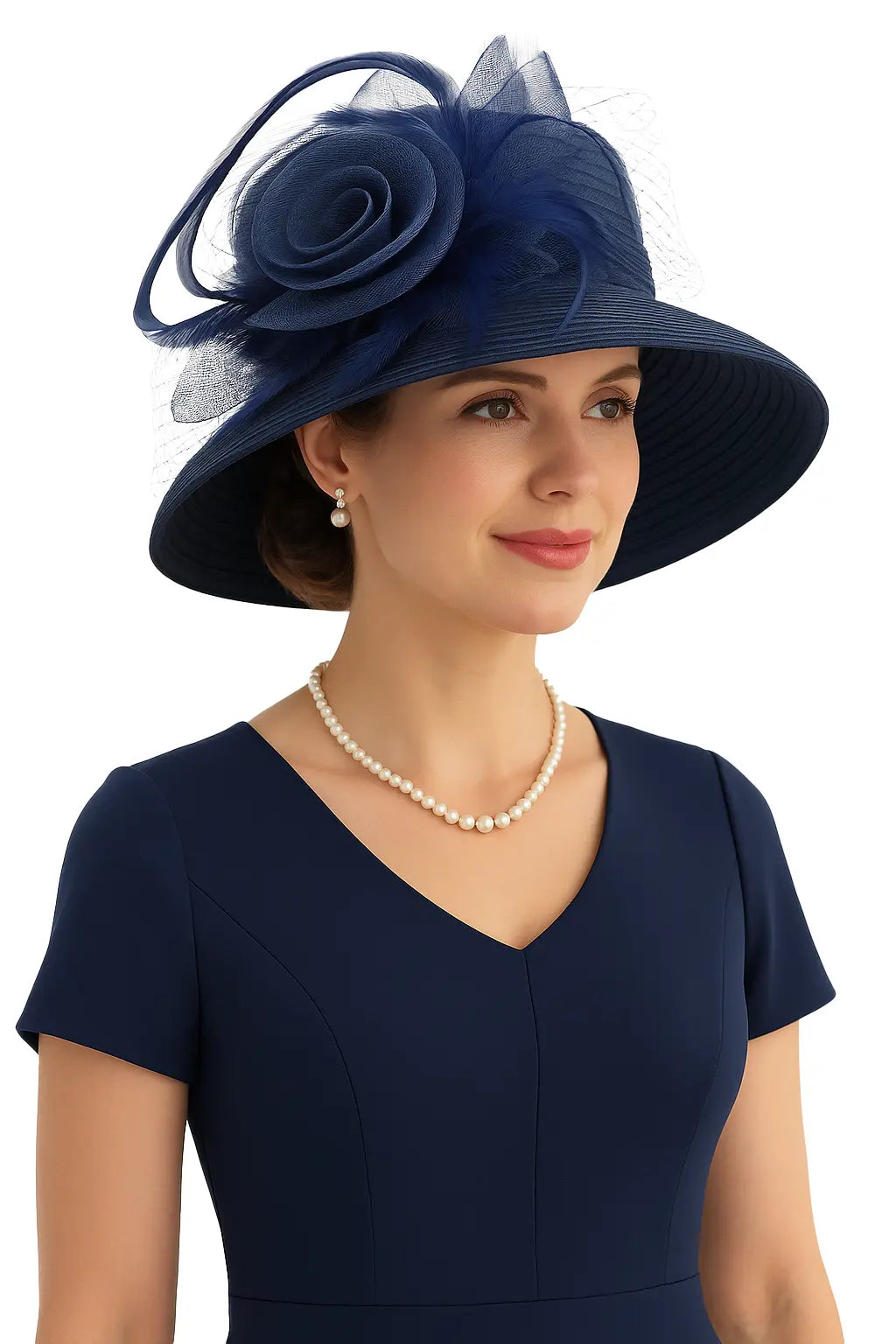 Navy blue formal church hat with netting and flower – timeless elegance for events