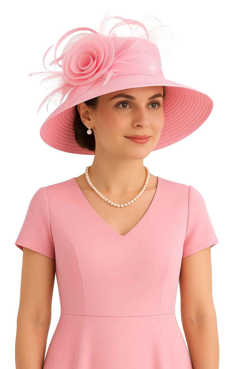 Elegant pink church hat for women with flower and feather design, perfect for Sunday service, weddings and tea parties – FORBUSITE Grace in Bloom Collection.