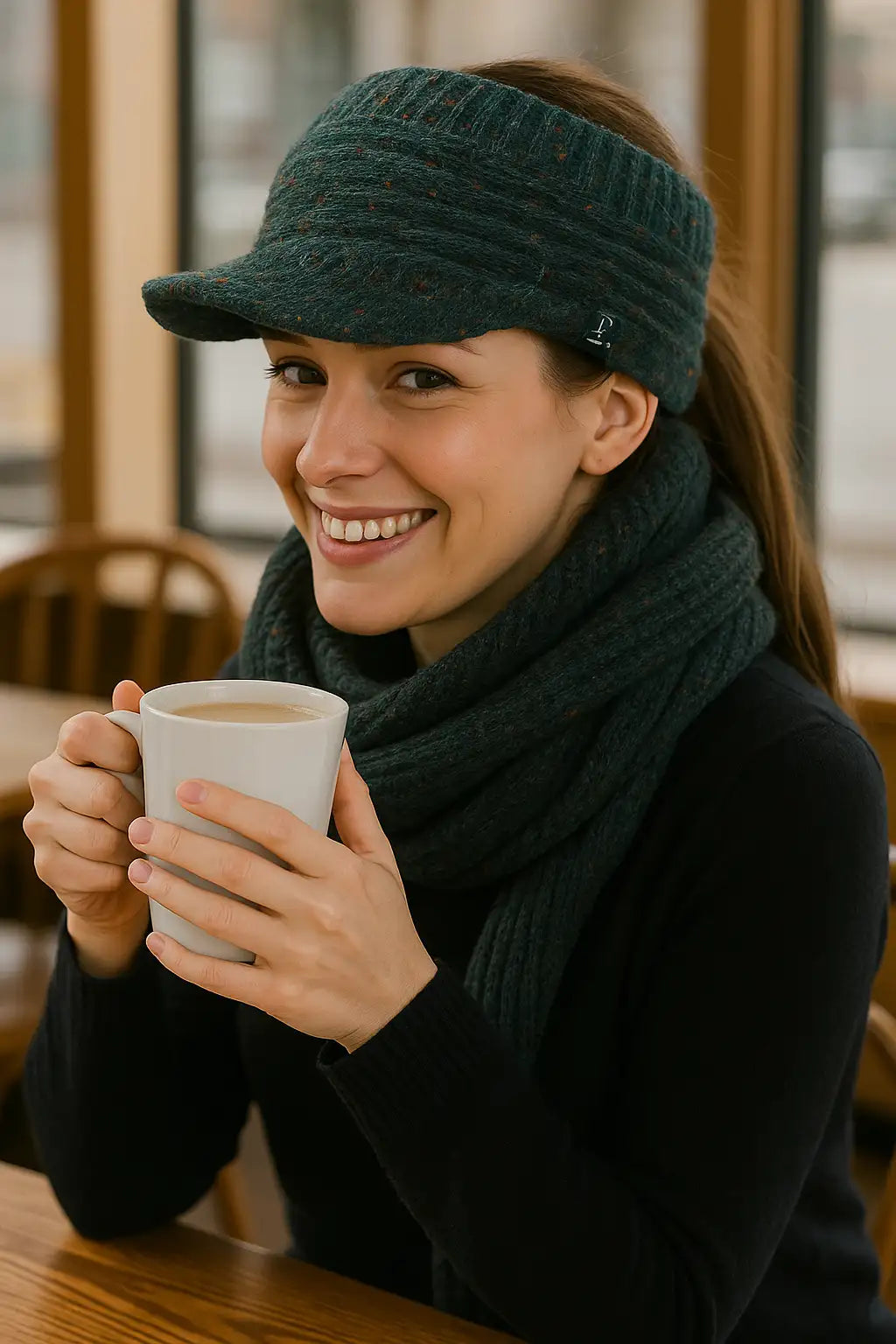 Woman wearing teal visor beanie hat in a coffee shop