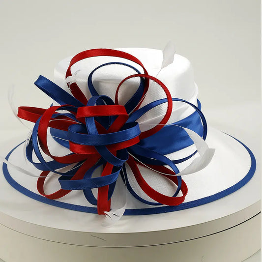 Patriotic red white and blue church hat with ribbon loops and feathers