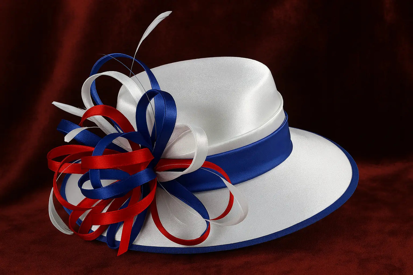 Elegant wide brim red white blue hat for church or Kentucky Derby event