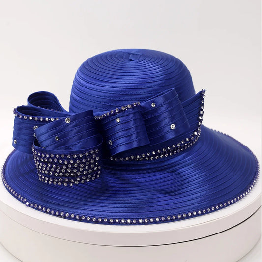 Front-facing royal blue rhinestone church hat for formal women's occasions.