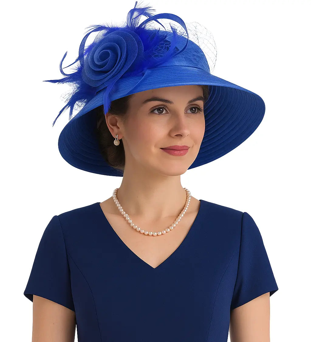 Royal blue church hat with feathers and swirl rose – bold and sophisticated