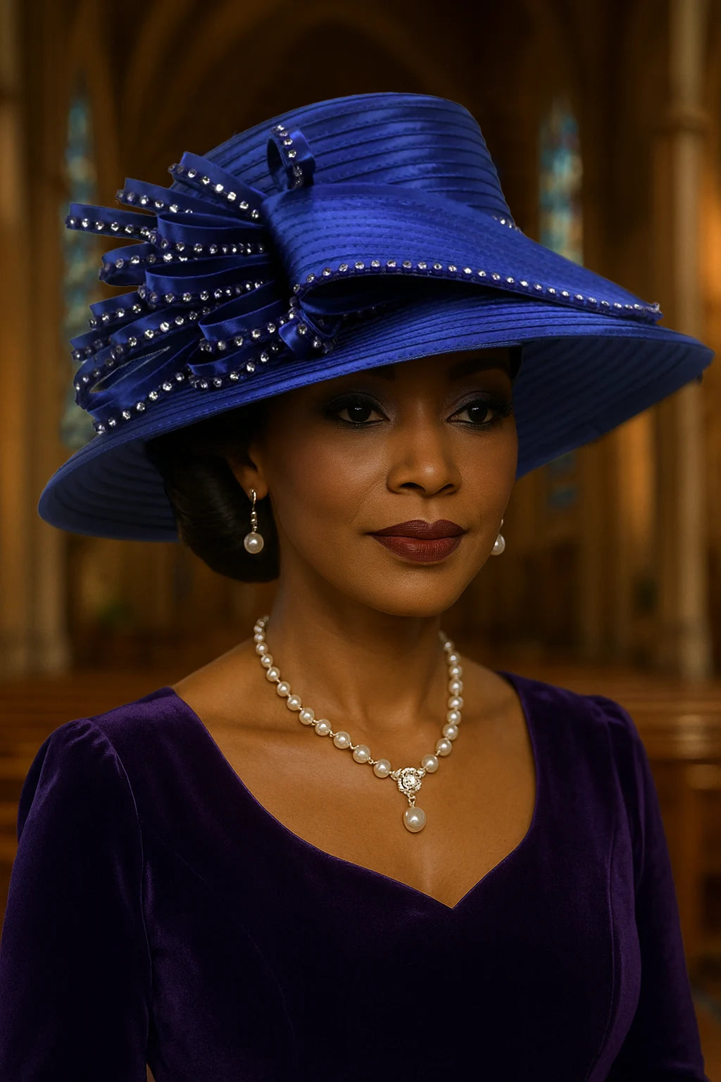 Elegant royal blue church hat styled for formal occasions, with a glamorous and timeless appeal.