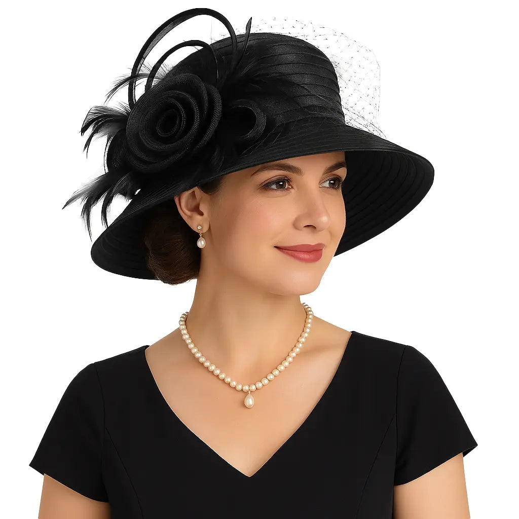 Elegant black church hat with dramatic floral embellishment – formal and stylish