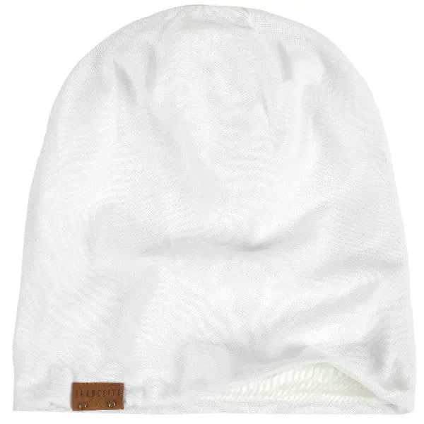 Solid white long slouchy beanie hat with smooth texture, breathable and comfortable for daily wear