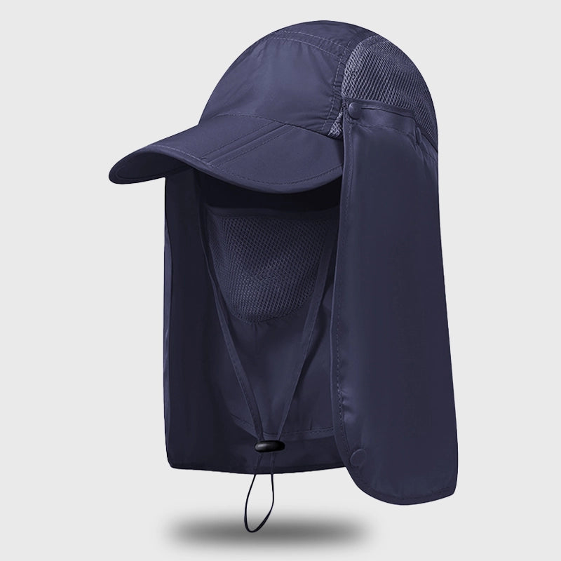 Navy blue UV protection sun hat with extended neck and mesh visor, perfect for outdoor adventures.