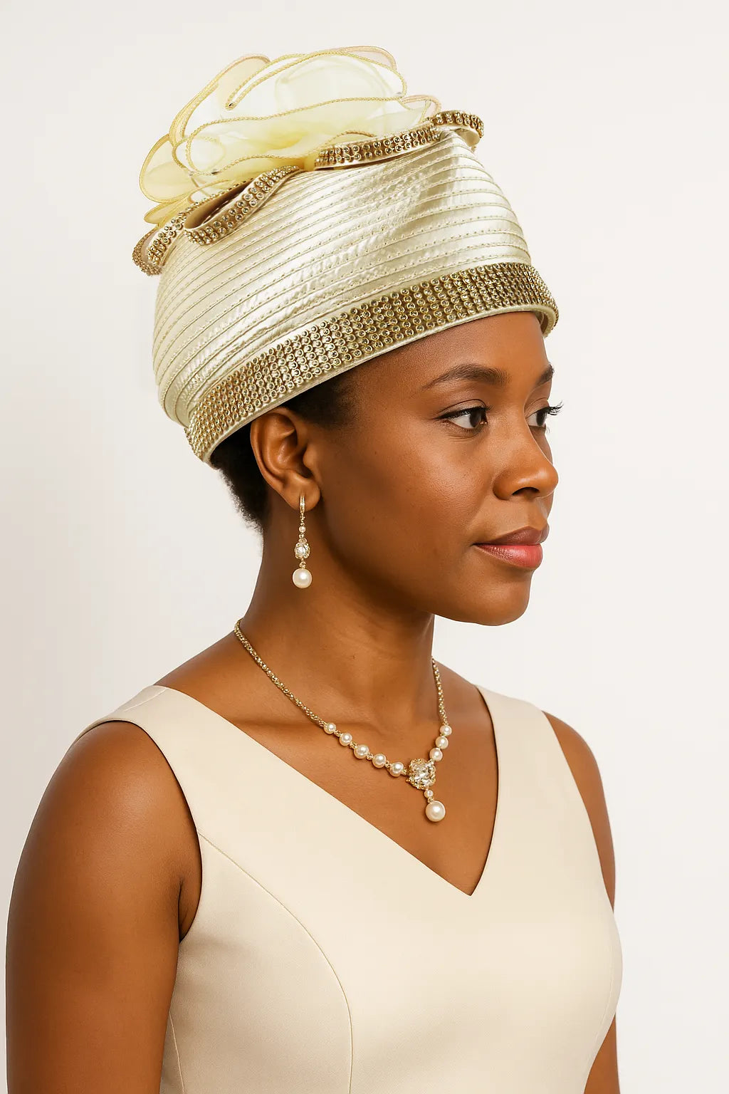 Elegant champagne vintage-style pillbox hat adorned with crystal accents. A formal wedding and tea party hat, perfect for brides or guests seeking a luxurious and sophisticated look.