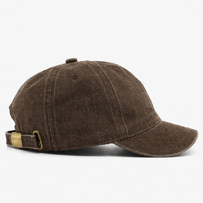 Washed brown cotton dad hat baseball cap with vintage distressed look, adjustable fit for a comfortable and stylish accessory.