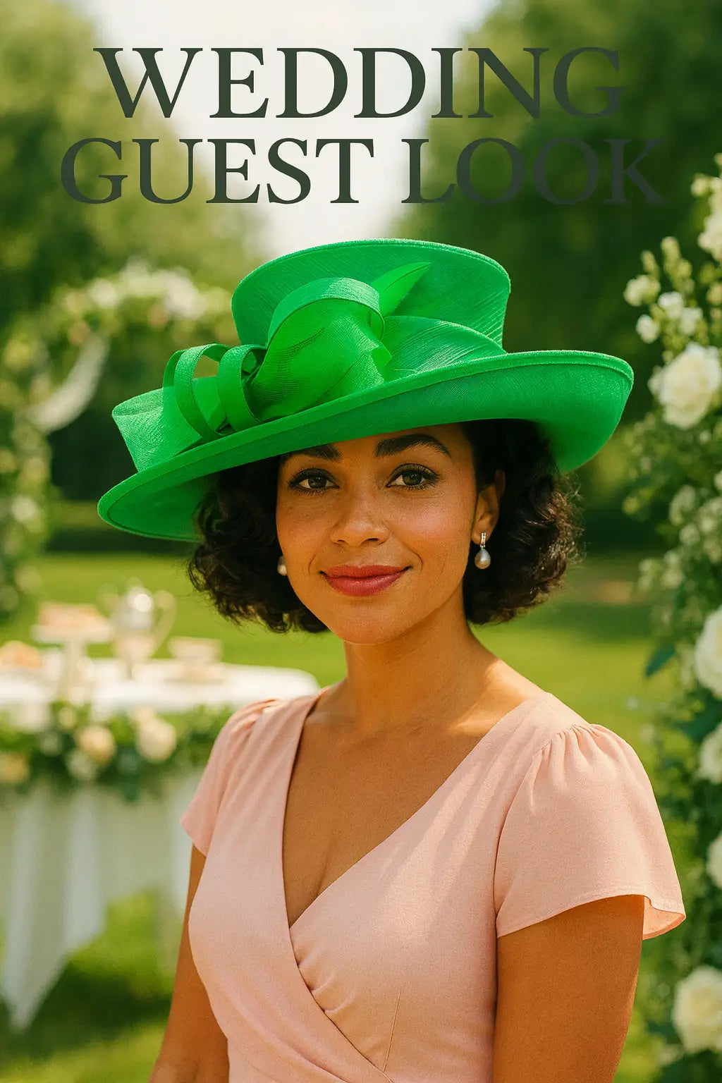 Woman wearing elegant green church hat as a wedding guest in garden setting – FORBUSITE