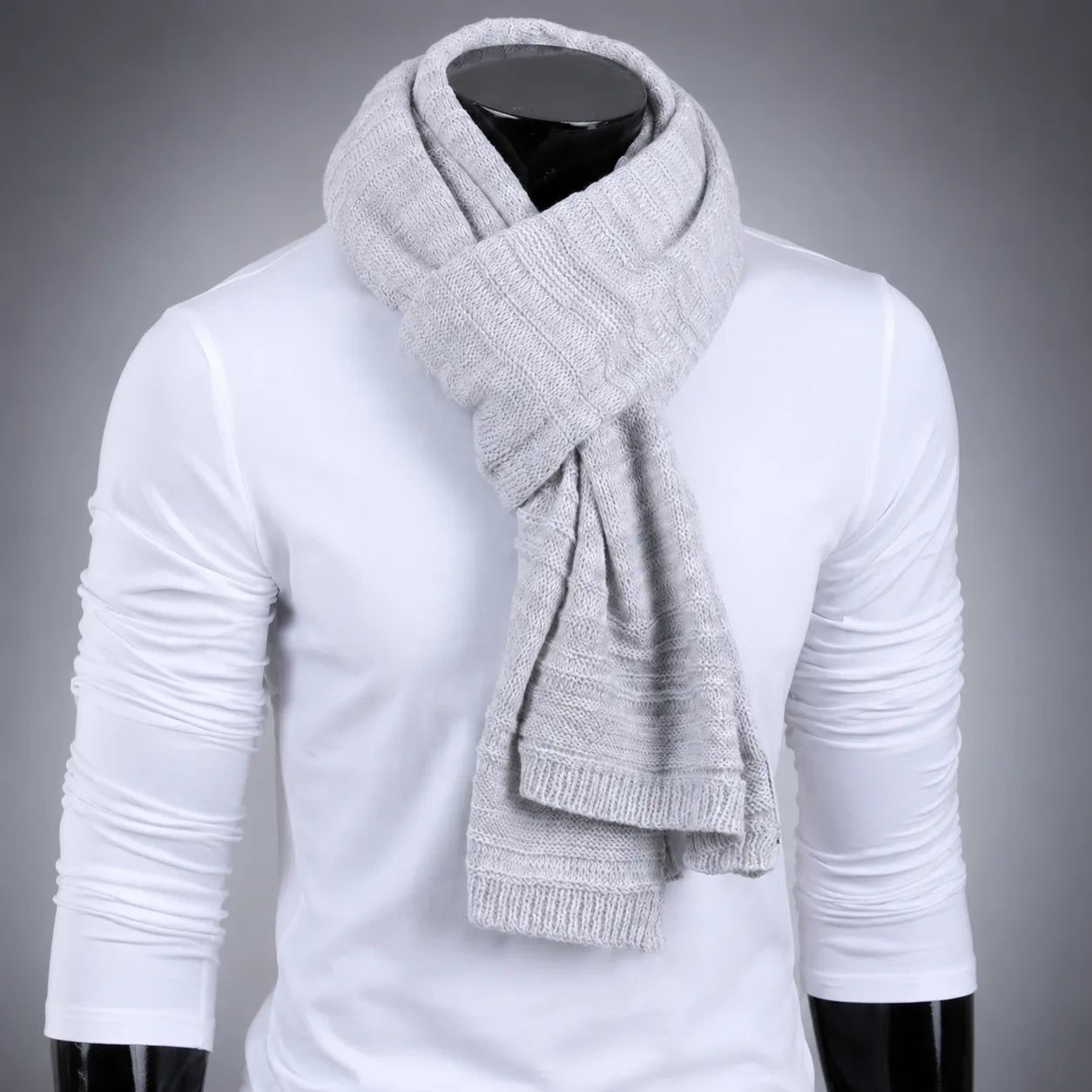 White and grey knit scarf for men and women, soft warm winter long wrap scarf, minimalist unisex fashion accessory for daily cold weather wear