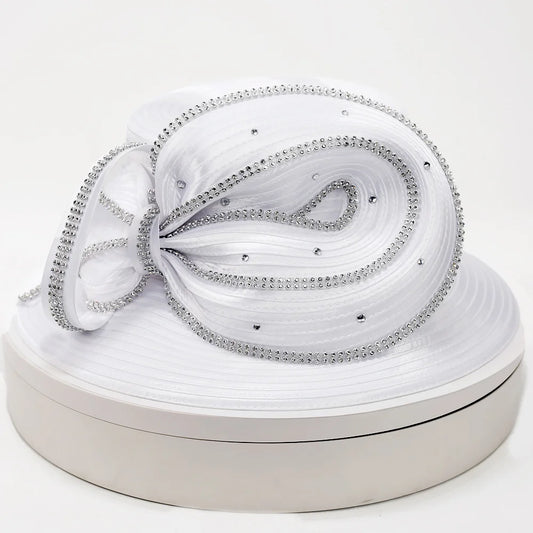Front view of an elegant white church hat with rhinestone trim, worn by a mannequin with pearl jewelry, ideal for weddings and Sunday service.