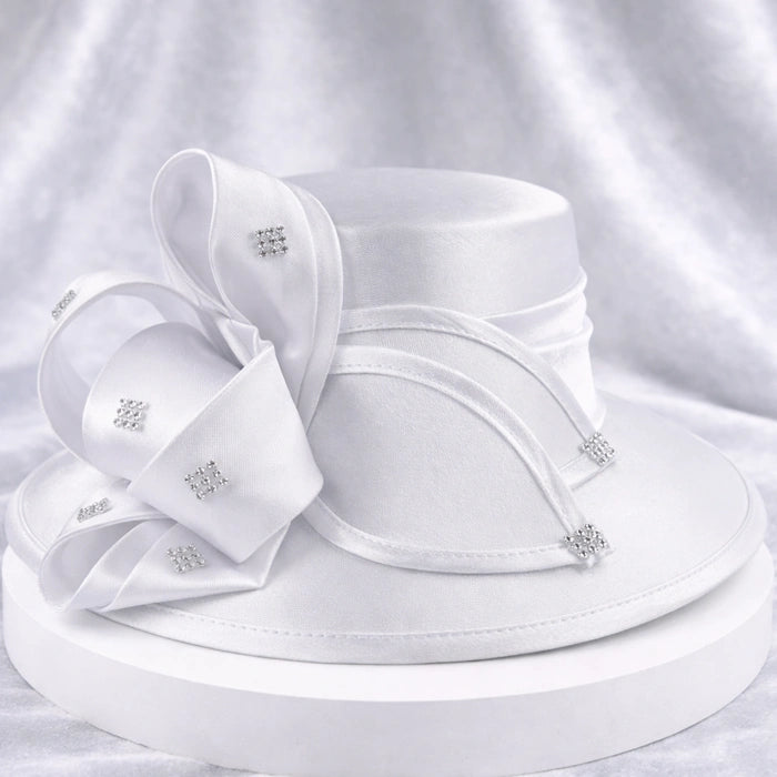 White satin church hat with crystal details, perfect for bridal occasions and formal gatherings