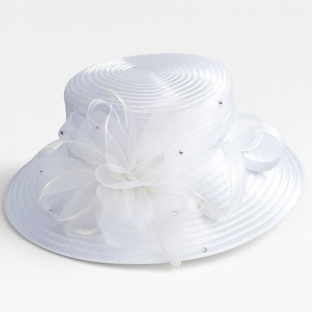 Side view of white wide brim church hat with mesh bow and rhinestone accents – FORBUSITE