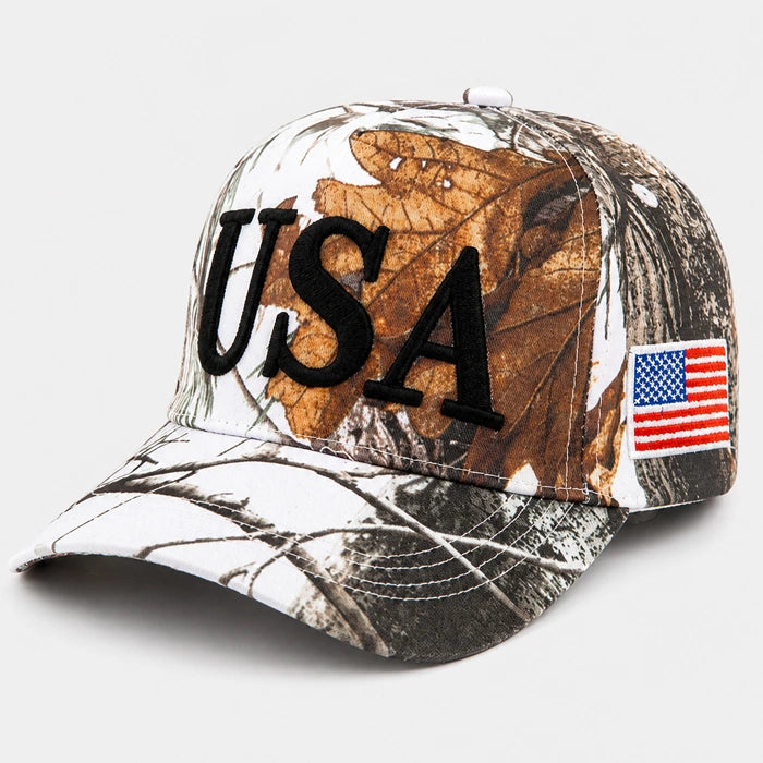 White and brown winter camouflage hunting hat, patriotic USA flag snow camo cap for men, realistic fall leaf pattern tactical operator hat.