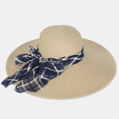 Women Wide Brim Straw Beach Hat with Scarf W230