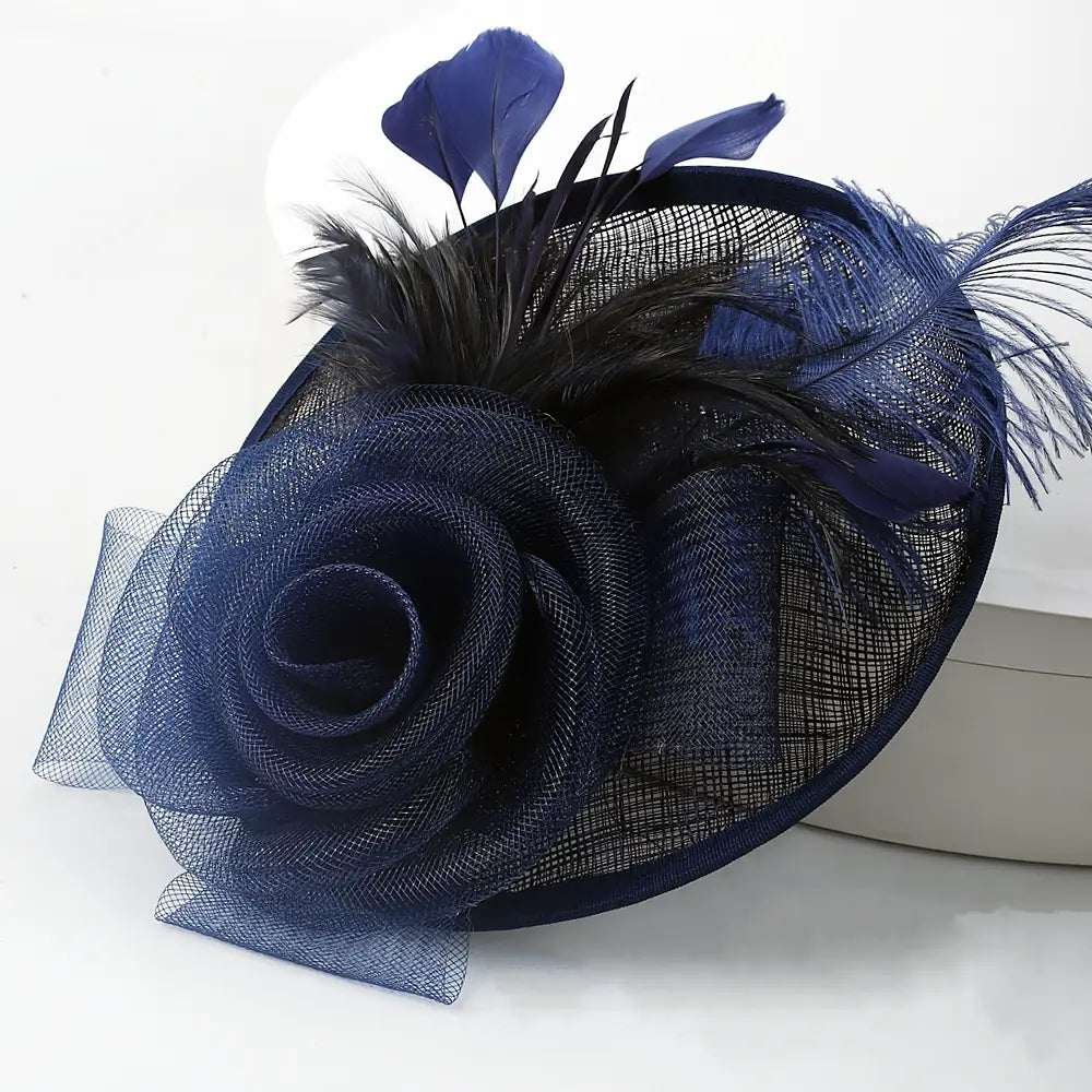FORBUSITE navy blue fascinator hat with feathers and flower decoration, elegant women's headpiece for weddings and parties