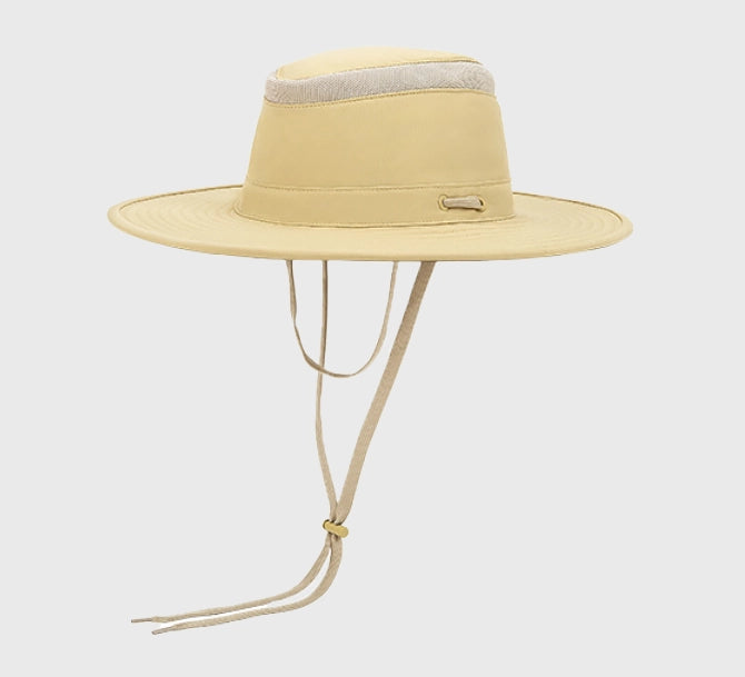 Beige outdoor sun hat with wide brim, UV protection, and breathable material. Perfect for outdoor activities like hiking and fishing, featuring an adjustable chin strap.