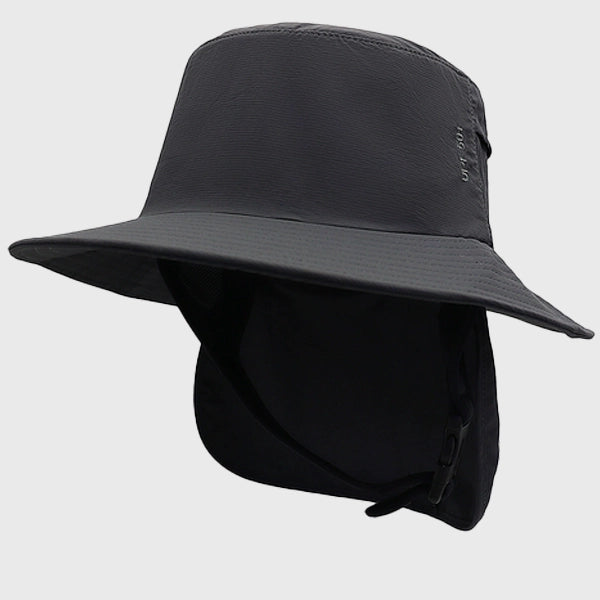fishing bucket hat offering UPF 50+ sun protection. Ideal for hiking, fishing, and surfing, with an adjustable chin strap for a secure fit.